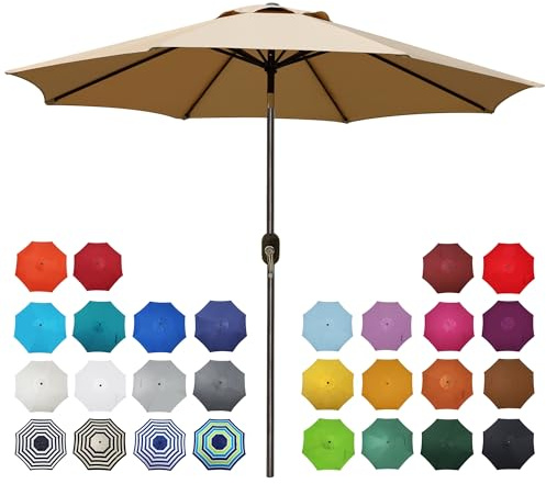 Blissun 9' Outdoor Patio Umbrella, Outdoor Table Umbrella, Yard Umbrella, Market Umbrella with 8 Sturdy Ribs, Push Button Tilt and Crank (Tan)