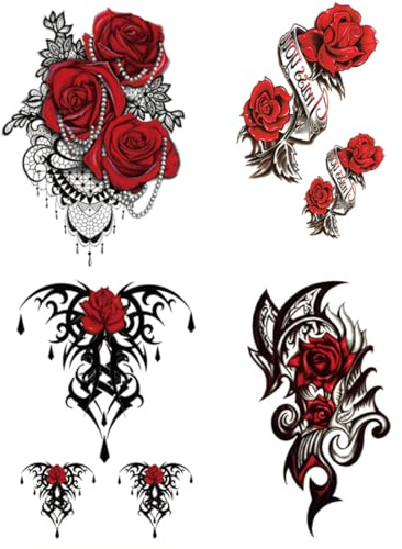 Yesallwas 4 Sheets Large Temporary Tattoo Sticker Fake Tattoos for Women Models,Waterproof Long Lasting Body Art Makeup Sexy Realistic Arm Tattoos -Rose, Flowers，Jewelry 5.9x8.26inche (A)