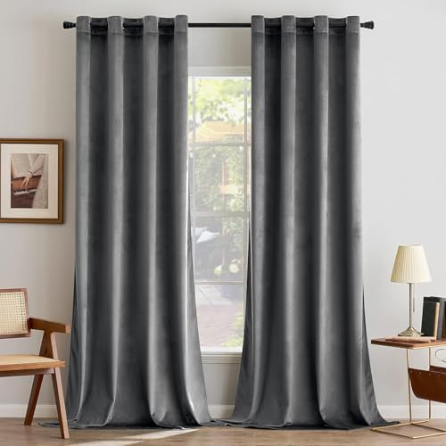 MIULEE Grey Velvet Curtains for Bedroom 2 Panel Set 88 Inch Drop Curtains, Soft Elegent Home Decor Velvet Curtain Living Room, Sun Blocking Room Darkening Thermal Eyelet Curtain 55x88 Inch
