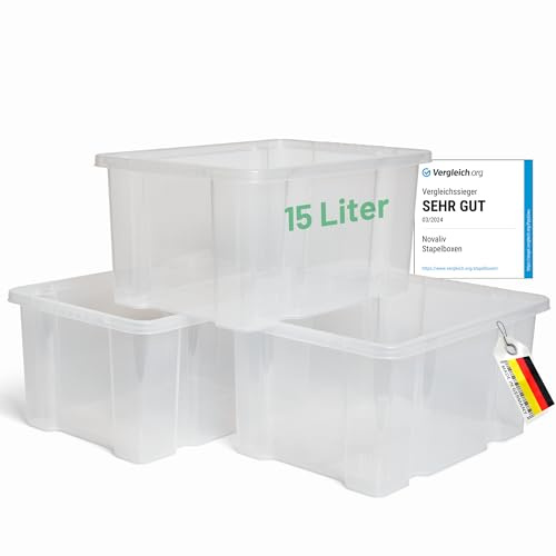 Novaliv 4x Aufbewahrungsboxen ohne Deckel 15L transparente Nestbar stapelbare Storage boxes Kunststoffbox BPA-frei 39x28,5x19,5 cm