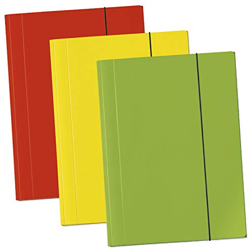 TimeTEX Set Sammelmappen A4-Plus ColorFIT - 3 Stück, gelb, grün und rot - aus hochwertiger Pappe mit Glanzkaschierung - Verschlußgummi - 60139