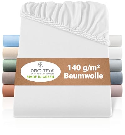 BaSaTex Bio Jersey Spannbettlaken, 90x200-100x200 cm, Weiss | 100% Bio Baumwolle, GOTS-Zertifiziert, Rundumgummizug, 140gsm