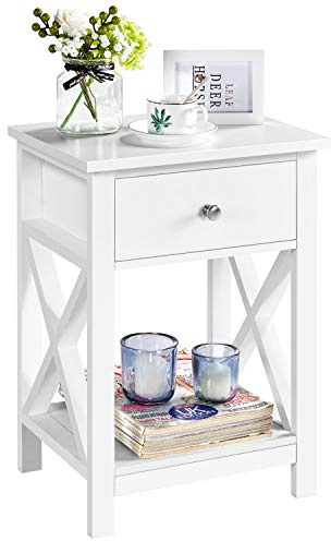 Yaheetech Mesita de Noche Blanca con Cajón 40x30x55cm Mesa de Auxiliar Vintage para Sofá Dormitorio Sala de Estar
