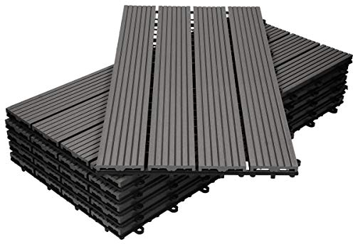 ECD Germany WPC Terrassenfliesen 60x30 cm/6 Stück=1m², Anthrazit, geriffelt, Holzoptik, Bodenbelag mit Klicksystem und Drainage, Terrassendielen Balkonfliesen, Klickfliesen für Terrasse Garten Balkon