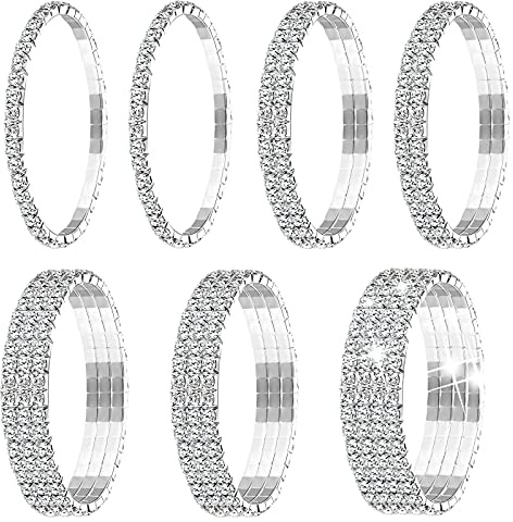 Yaomiao 7 Pulseras Elásticas de Diamantes de Imitación Brazalete de Tenis Pulsera de Plata de Diamantes de Imitación Apilable Joyería de Boda para Mujeres Niñas Nupcial
