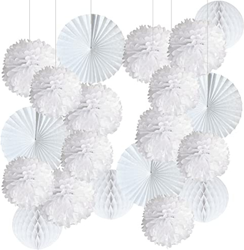 20 Pompons, Blumen, Weiß, Dekoration für Taufe, Mädchen, Pompoms aus Seidenpapier, Fächer und Kugeln aus Papier, Deko für Hochzeit, Geburtstag oder Babyparty, 20 Stück