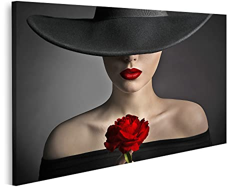 islandburner Bild auf Leinwand Rote Rose Blume Frau Lippen Schwarzer Hut Mode Model Schönheit Bilder Wandbilder Poster