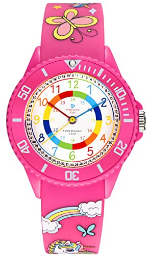 Alienwork Unicorno Ragazza Orologio di Apprendimento Bambini Ragazze Rosa Bracciale in Silicone Multicolore bambini Impermeabile 5 ATM Tempo di Apprendimento