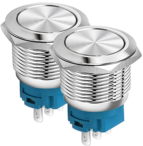 Gebildet 22mm Cabeza Plana SPDT Interruptor de Enganche Resistente al Agua, Interruptor de Botón de Metal de Acero Inoxidable, Terminales de Pin Soldadura DC 6V/12V/36V/48V, AC 110V/230V 2A 1NO+1NC