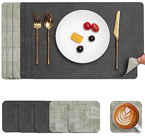 Myir JUN Tischsets abwaschbar Leder und Untersetzer doppelseitige Platzsets | Platzdeckchen abwaschbar 6er Set rutschfest Tischsets Platzsets abwaschbar Kunstleder (Grau Grün, 6er Set)