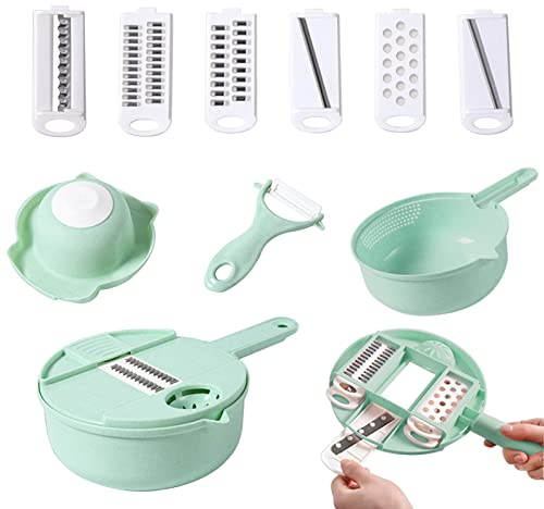 Affettaverdure 12 in 1, multifunzione con contenitore, per verdure e verdure, per cetrioli, per patate (verde)