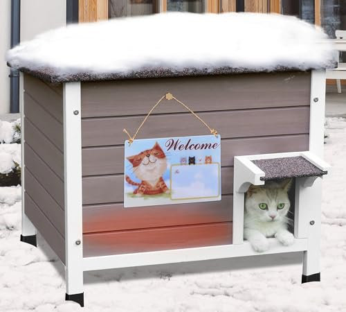 Deblue Insulated Cat Houses for Outdoor Cats, Weatherproof Feral Cat House with All-Round Foam, Wooden Cat Shelter for Multiple Cats - Grey