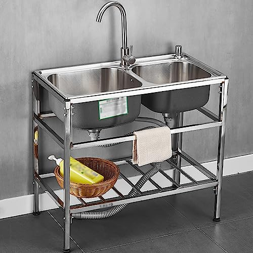 Campingspüle Doppelspüle Edelstahl Küchenspüle Freistehend Gewerbliche Restaurantspüle Waschbecken mit Kalt- und Warmwasserhahn für Außenbars Garage Waschküche