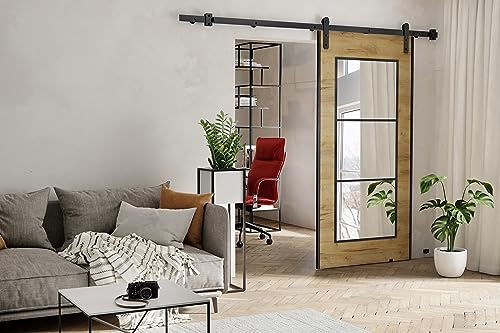 KIER FURNITURE POLI Wall-Mount Schiebetür – Schiebetür Komplettset Schiene Komplettset Mit Tür – Zimmertüren Mit Zarge Komplett - B96xH205xT1,6 cm - Eiche Craft