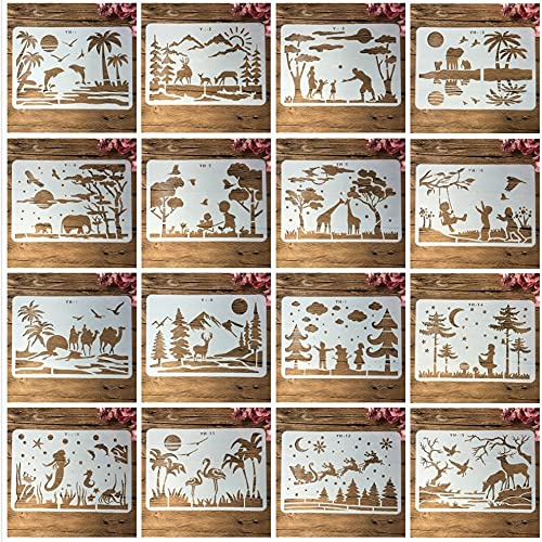 Wiederverwendbare Schablonen zum Malen auf Holz, 16 Stück, A4, 29 cm, Landschaft, Tiere, Menschen, Zeichenschablonen für Scrapbooking, Kunstbedarf, Wanddekoration