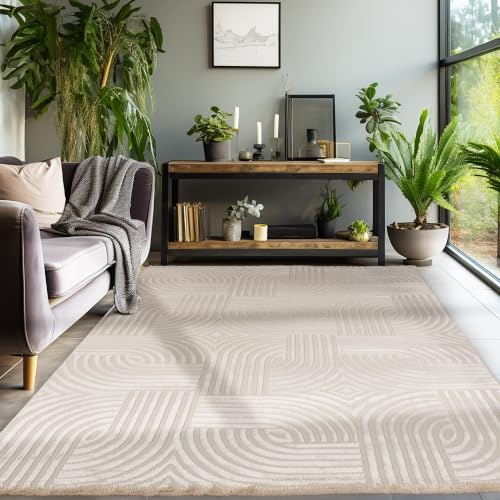 SIMPEX Kurzflor Teppich Wohnzimmer 140x200 cm Beige Modern Skandinavisch Boho Design Einfarbig 3D Effekt Weich Waschbar Pflegeleicht für Schlafzimmer Esszimmer