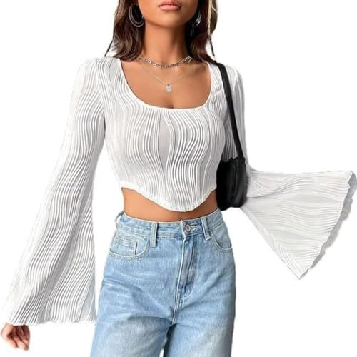 QKEPCY Crop Top à Manches Longues pour Femmes Décontracté T-Shirt Y3K à Manches évasées Chemisier Moulant Col Rond Basique Slim (M)