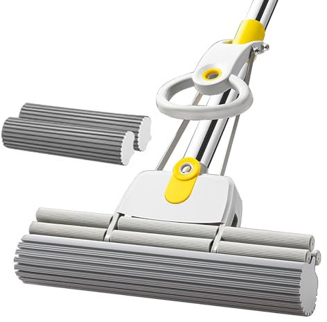 Fregona De Esponja, Mopas De Limpieza Suelos, Atrapapolvo Fregona 43cm Fregona Rodillo De 2 Hileras Extra Grande Limpiar Pisos De Baldosas Y Madera, 135cm Largo Mango(2 Heads)