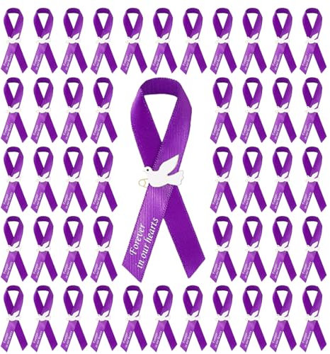 50Pcs Dove Funeral Ribbon Purple Memorial Ribbon, Funeral Pins Classic Memorial Service Respect Meditation Bow for Mourning Remembrance Day Event Favors (Purple)