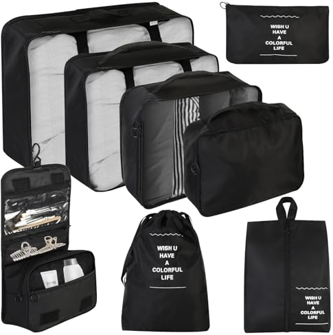 PHOGARY Lot de 8 Rangement Valise Organisateur Packing Cubes de Voyage Pochette, Compartiment Valise, Trousse Étanche de Toilette à Suspendre, Sacs à Vêtements, Chaussures, Sacs de Rangement (Noir)
