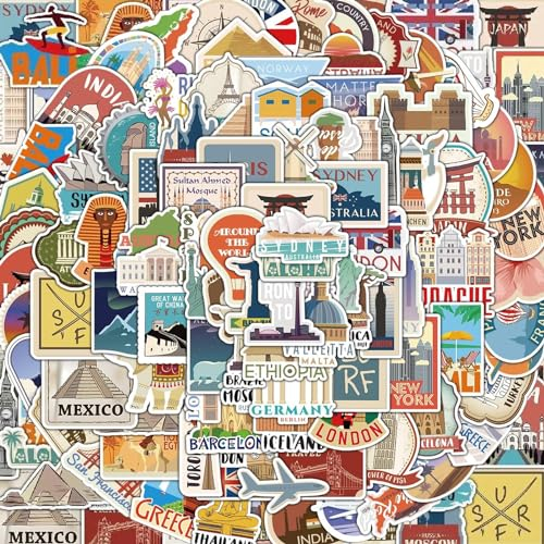 Pack de 100 Pegatinas de Viaje en Vinilo Resistente al Agua - Decoración Colorida y Duradera para Maletas, Cascos, Portátiles y Más