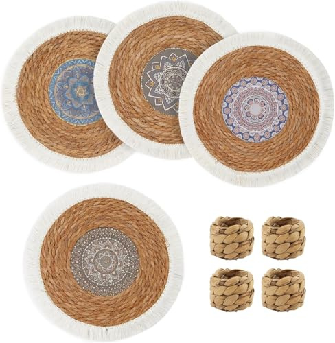 fanquare 4er Set Platzsets mit Quasten, gewebt aus Stroh in Boho-Stil, rund, Tischmatten 35x35cm, perfekt als Tischdekoration für Hochzeiten und Esszimmer Tischsets mit Fransen