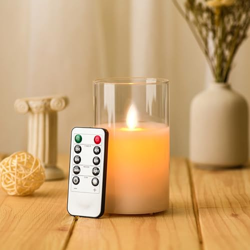FiiMoo LED Kerzen, Batteriebetriebene Kerzen, Flammenlose Kerzen mit Fernbedienung, Elektrische Echtwachskerzen im Glas, Festliche Flammenlose Kerzen, Art Zimmer Deko, Weiß-12.5cm