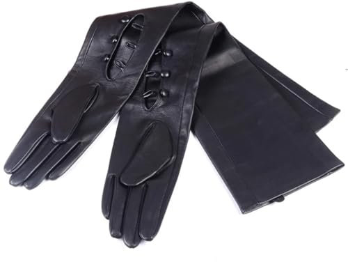 Damen-Handschuhe aus echtem Leder, ungefüttert, drei Knöpfe, Handgelenk, Party, Abend, Opernhandschuhe, Schwarz , XXL 50CM