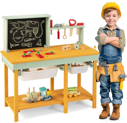 Maxmass Kids Workbench, Wooden Toddler Tool Bench with Rich Tool & Parts, Chalkboard, 2 Storage Baskets, Educational Construction Tool Set Play Workbench for 3-8 Years Old Boys Girls
