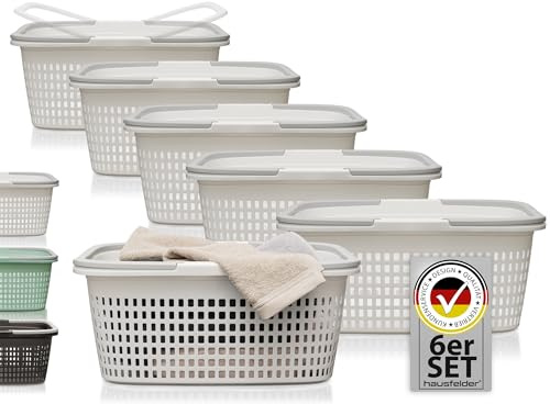 Hausfelder Wäschekorb 6er Set weiß 35L, 58x37x25cm | stapelbar, Wäschekörbe Set groß 58x37x25cm, stabil und robust, Wäschewanne aus Kunststoff mit Henkel, Aufbewahrung