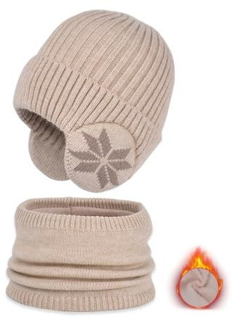 GANYKQ 2 x Plüsch-Trappermütze für Kinder mit Halswärmer, für den Winter, für Outdoor, Radfahren, Klettern, warme Trappermütze, Beige, as described