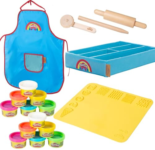 roba x Play-Doh Set de Jeu Extra-Large - Kit de Pâte à Modeler avec Boîte en Toile, Tapis Créatif 3D, 12 Pâtes, Outils en Bois et Tablier - Cadeau Créatif Dès 3 Ans