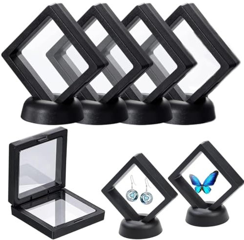 SIRLOMU 4 Stück Schweberahmen Displayrahmen Münzrahmen Münzenständer PräSentationsständer Münzständer Mit Basis Für Ring Halskette Armband Ohrring Münzen Schmuck Orden (9×9×2cm) (Schwarz)
