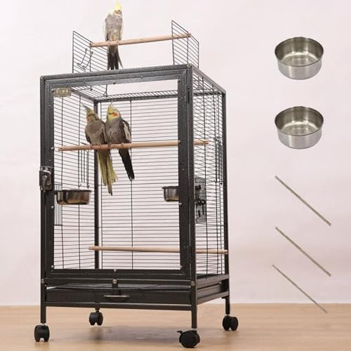 xixi-home Clear Parrot Cage,Metal Bird Cage Ornamental Cage -with Play Top and Wheel,Large Birdcage Flying Birdcage for Outdoors for Parakeet,Lovebirds,Cockatiels(Type B - Black)