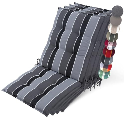 Beautissu 4er Set Premium Niedriglehner Auflage Gartenstuhl 100x50cm Sun-NL – 8cm Dick Polster Gartenstuhlauflage rutschfest Befestigungsbänder UV-Lichtechtheit 5 – Robust Stoff Anthrazit Gestreift