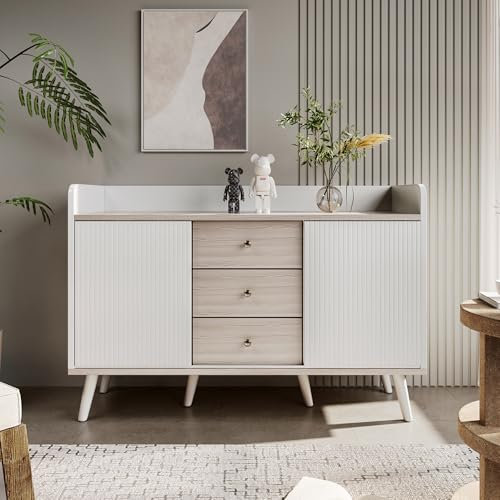Aparador de tres Cajones, Mueble de Salón con Puerta Corredera, Buffet de Color Madera con Estantes de Almacenamiento, Veta Exquisita, Cómoda para Dormitorio, Cocina, Negro/Blanco, 117,5x40x80 cm