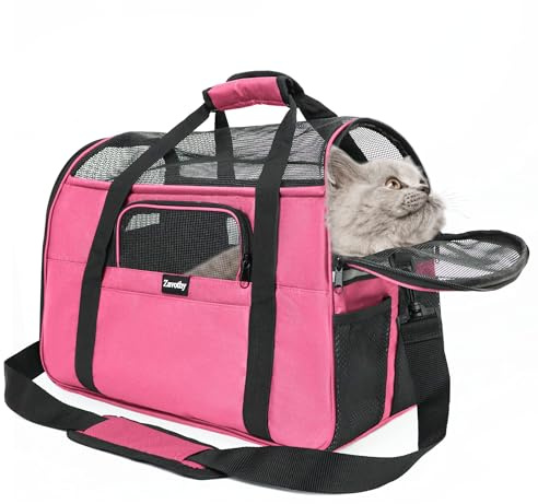 Zavothy Borsa per il Trasporto del Gatto Cane, Borsa per il Trasporto Traspirante e Pieghevole, Custodia per il Trasporto del Gatto con Tracolla Regolabile, Materasso in Peluche Rimovibile, M, Rosa