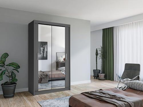 Krudox LUX Grau Schiebetürenschrank Kleiderschrank 100x216x62 cm mit Spiegel - Schlafzimmermöbel, Aufbewahrung – Mehrzweckschrank mit 2 Kleiderstangen