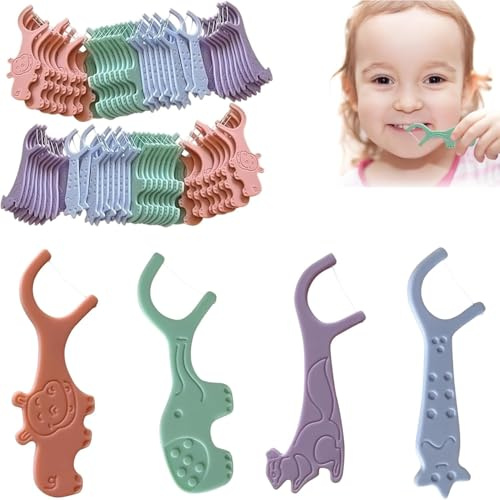 SIXHAOBU 80 Stück Zahnseide Kinder,Zahnseide Stick Kinde Dental Floss für Engen Zahnzwischenräume,Zahnseide,Zahnseide floss mit kindergerechtem Griff, 4 Tierformen, bunte Farben