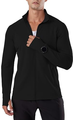 Locachy Men's Lightweight Quick Dry Athletic Jacket Full Zip Stand Collar Running Workout Performance Shirt Black L