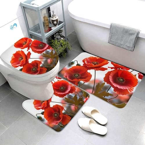 Set 3 Teilig Badvorleger Mohnblumen Leuchtende Blütenblätter Bad Duschmatten Weiche Anti-Rutsch Badgarnitur Badematten, Für Wohnzimmer, Wc-Sitz Bezug, Dusche