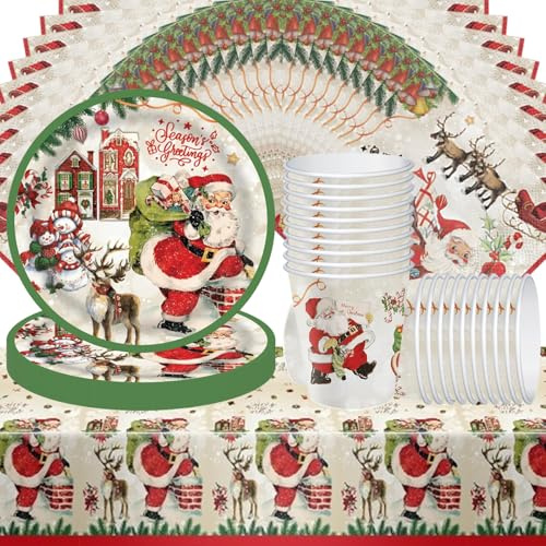 Lot de 61 pièces de vaisselle de fête de Noël pour enfants comprenant assiettes, gobelets, serviettes et nappes, pour 20 invités.