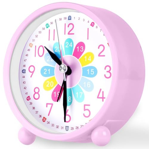 OSDUE Réveil Numérique Analogique pour Enfants, 10 cm Rose Rouge Reveil Educatif Silencieux Jour Nuit Tic-Tac d'apprentissage Silencieux Horloge Dessin Animé pour la Rentrée Scolaire à Piles
