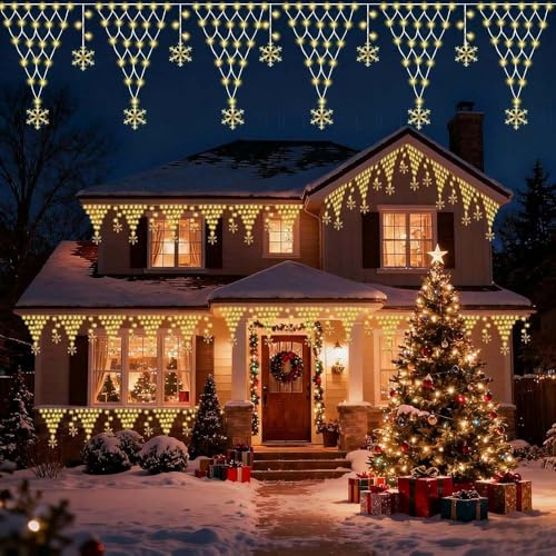 HEYIDAMAI Weihnachten Netz Lichter, 4M Lichterkette Netz Außen, 196 LED Schneeflocken Lichternetz mit 8 Modi Stecker, Weihnachtslichternetz Außen LED, für Weihnachten Balkon Fenster Eaves Zaun Deko