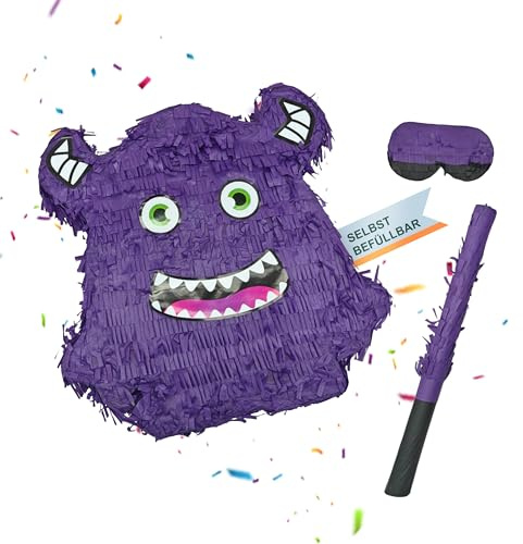 Relaxdays Pinata Monster, mit Stab & Maske, Partypinata Kinder, Geburtstag, zum Befüllen, HxBxT: 40 x 35 x 9 cm, lila