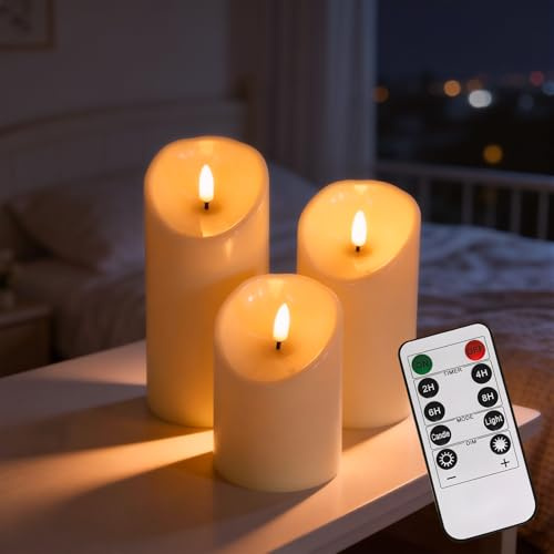 Bumabery Candele LED, 3 Pezzi(10cm,12cm,15cm) Candela a LED con Telecomando, Candele Senza Fiamma Tremolante con Telecomando e Funzione Timer per Compleanno,Festa,Matrimonio