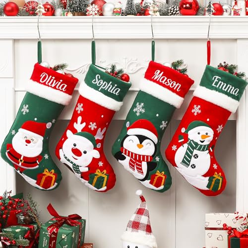 MJARTORIA Weihnachtsstrumpf Personalisiert Nikolausstrumpf mit Namen, Christmas Stockings Groß Nikolausstiefel zum Befüllen, Weihnachtssocken zum Aufhängen Kamin Weihnachtsbaum Deko (Rot Grün, 1PC)