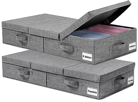 YHANEC Underbed Storage Boxes, 2 Pack Large Under Bed Storage Bins with Lid | Foldable Under Bed Clothes Storage Organiser with Handle, Underbed Organiser for Clothes Blankets Comforters Pillows
