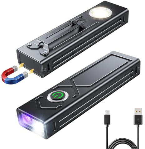 EOIWUY Lampe Torche LED Ultra Puissante, 1300LM Lampe de Poche Rechargeable, IP44 Étanche, Design Plat avec Clip et Aimant, 4-en-1 (Spot/UV/COB) pour Camping, Extérieur, Urgence, Travail et Détection | Lampe torche UV LED super lumineuse 1300 lm, design plat, lampe de poche magnétique, pour promener le chien, camping, urgence