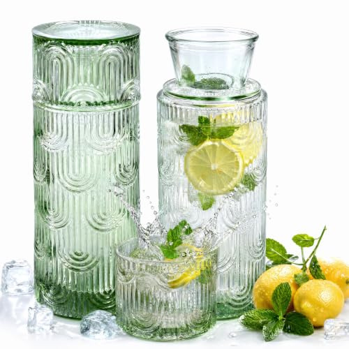 BXUUXA Set di Caraffa da Comodino e Bicchiere in Vetro Verde Trasparente, 640ml + 180ml, Caraffa da Comodino per Acqua, Succhi e Tisane, Bottiglia in Vetro Vintage per Camera da Letto, Bagno e Cucina